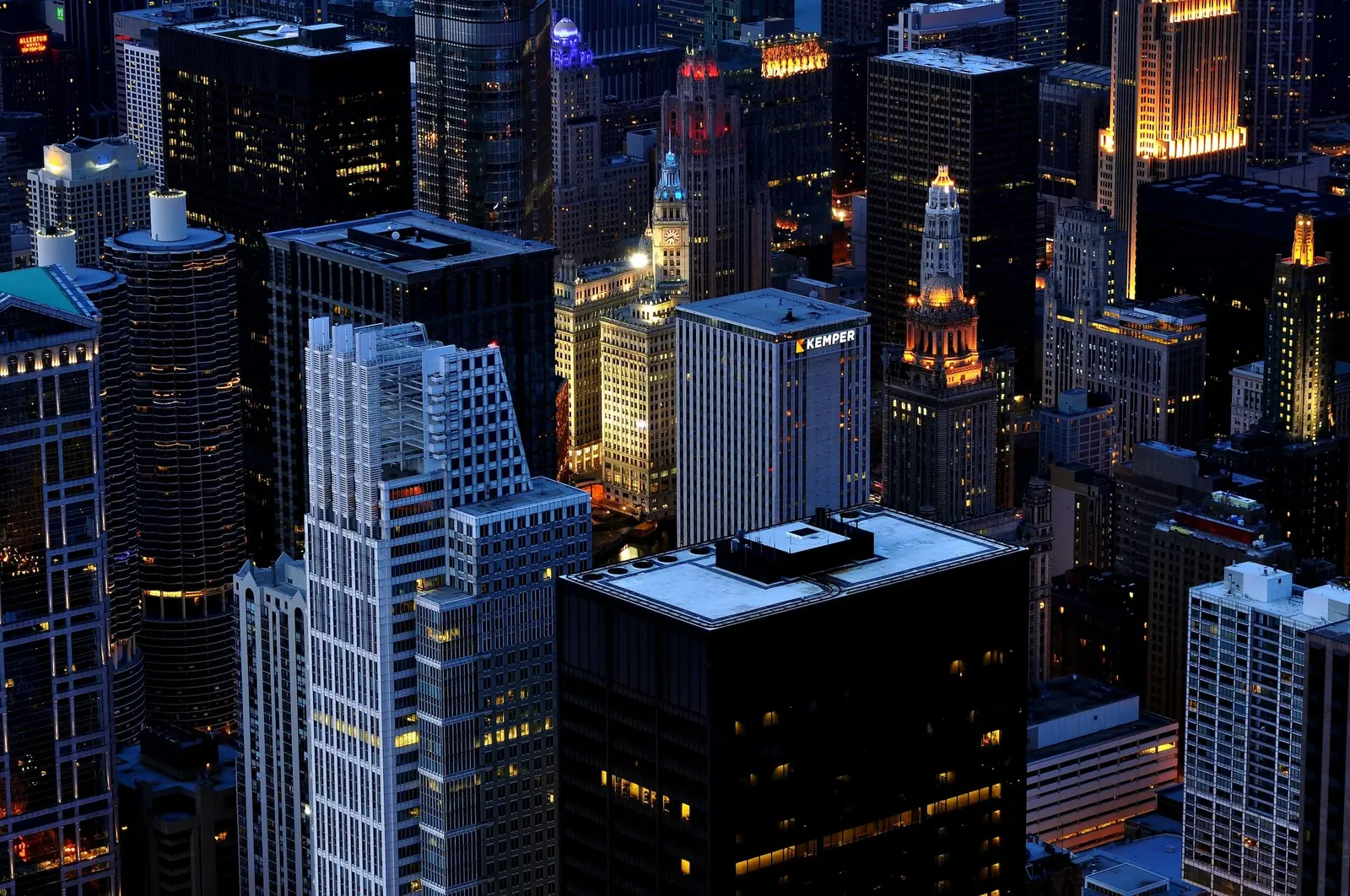 City skyline at night from above