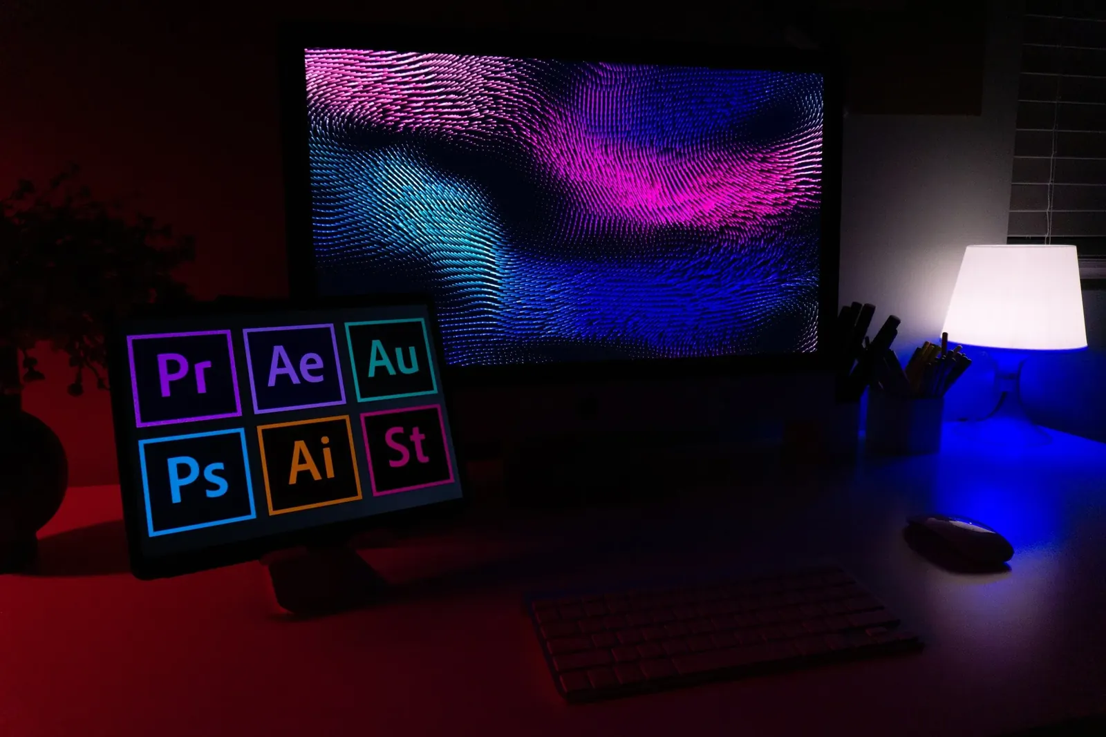 Creative app icons glowing on a dark desk