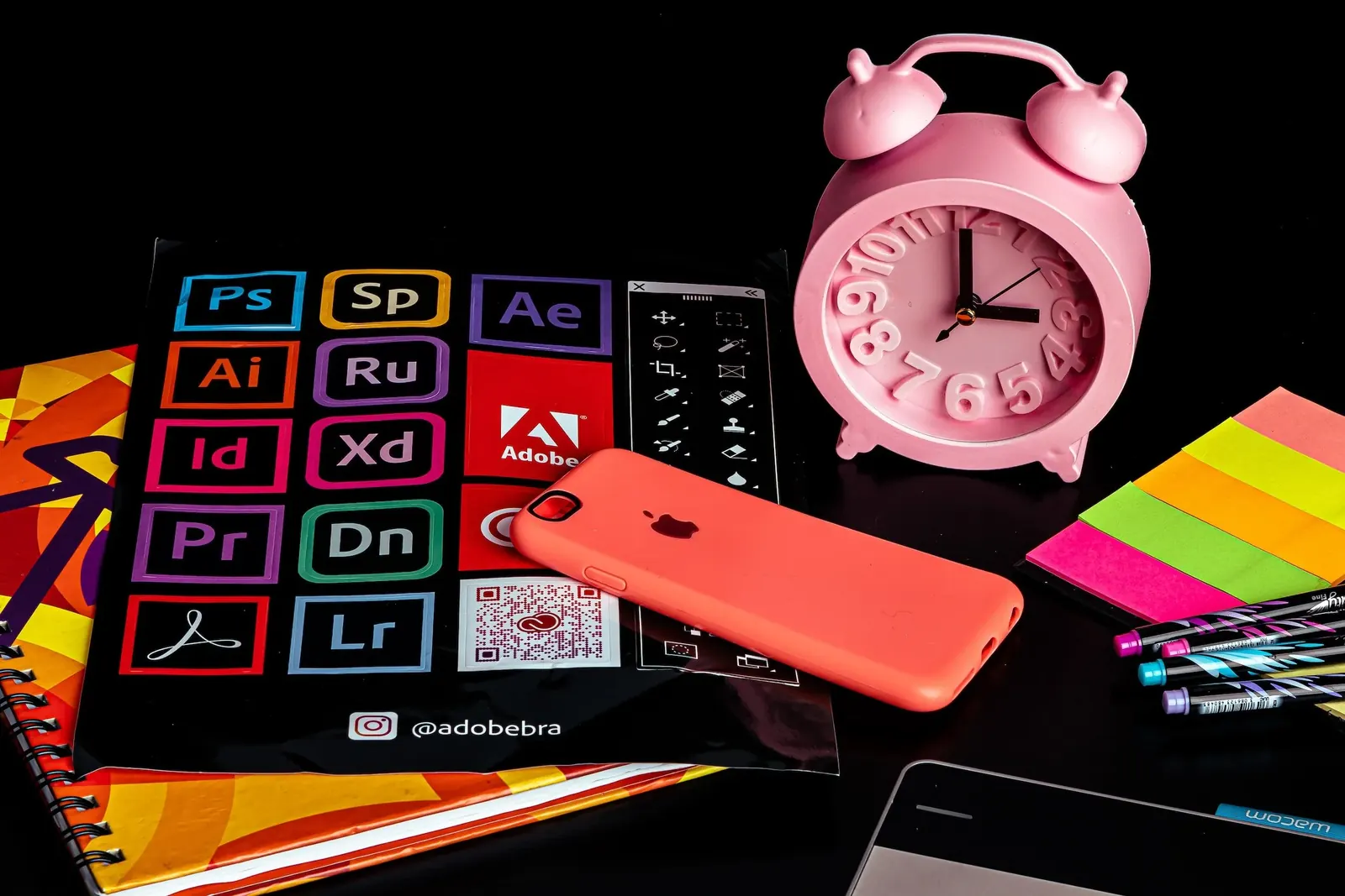 Designer desk with creative tools